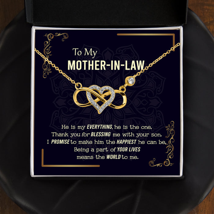 To My Mother-in-law, Thank You For Blessing Me With Your Son - Gift For Mother-In-Law, Mother's Day Gift - S925 Infinity Heart Necklace with Message Card