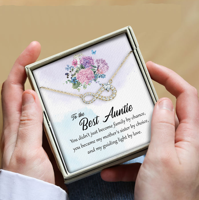 To The Best Auntie, You Didn't Just Become Family By Chance - Gift For Aunt From Niece, Mother's Day Gift - Infinity Cubic Necklace with Message Card