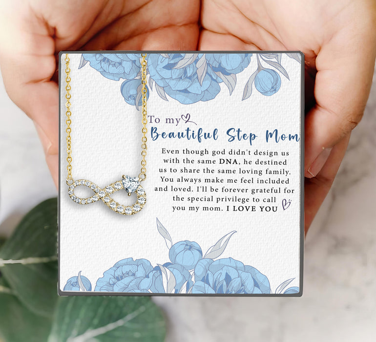 To My Beautiful Step Mom - Gift For Stepmom, Bonus Mom, Mother's Day Gift - Infinity Cubic Necklace with Message Card