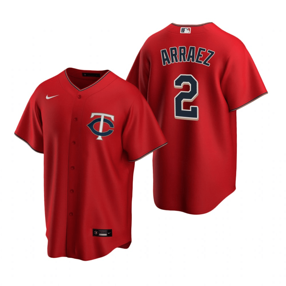 2022 Minnesota Twins: Game-used Home Red Luis Arraez Jersey; Worn on 4/24,  5/13, 5/27, 7/14, 8/15. Size 44