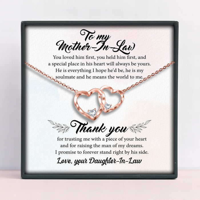 Thank You For Raising The Man Of My Dreams - Gift For Mother in law, Mother's Day Gift - Double Heart Necklace with Message Card