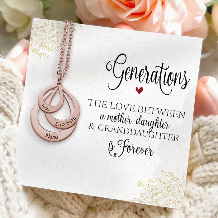 Generations, The Love Between A Mother, Daughter & Granddaughter Is Forever - Mother's Day Gift - S925 Custom Names Drop Necklace with Message Card