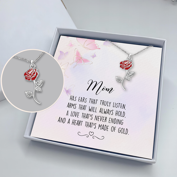 Mom Heart That Is Made Of Gold - Gift For Mother, Grandmother, Mother's Day Gift - S925 Rose Flower Necklace with Message Card