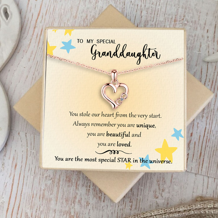 To My Special Granddaughter, You Stole Our Heart - Gift For Granddaughter From Grandma, Grandpa - S925 Dainty Chain Necklace with Message Card