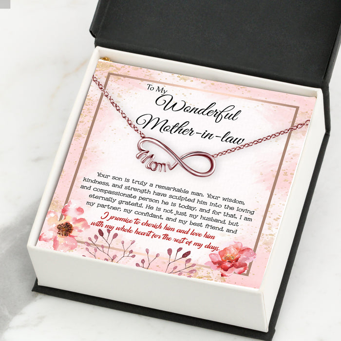 To My Mother-in-law, I Promise To Love Him With My Whole Heart - Gift For Mother-In-Law, Mother's Day Gift - S925 Infinity Mom Necklace with Message Card