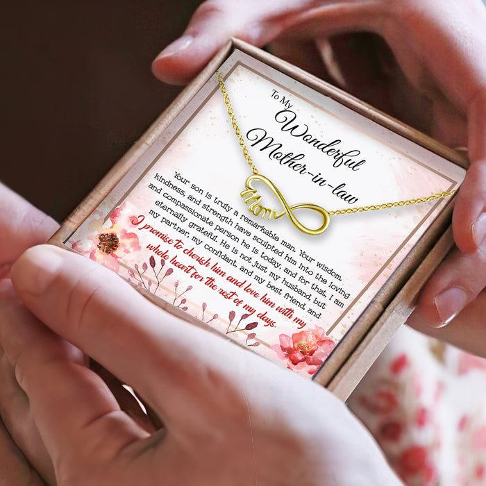 To My Mother-in-law, I Promise To Love Him With My Whole Heart - Gift For Mother-In-Law, Mother's Day Gift - S925 Infinity Mom Necklace with Message Card