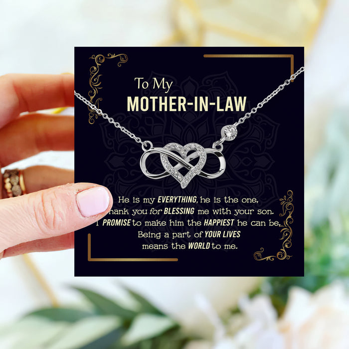 To My Mother-in-law, Thank You For Blessing Me With Your Son - Gift For Mother-In-Law, Mother's Day Gift - S925 Infinity Heart Necklace with Message Card