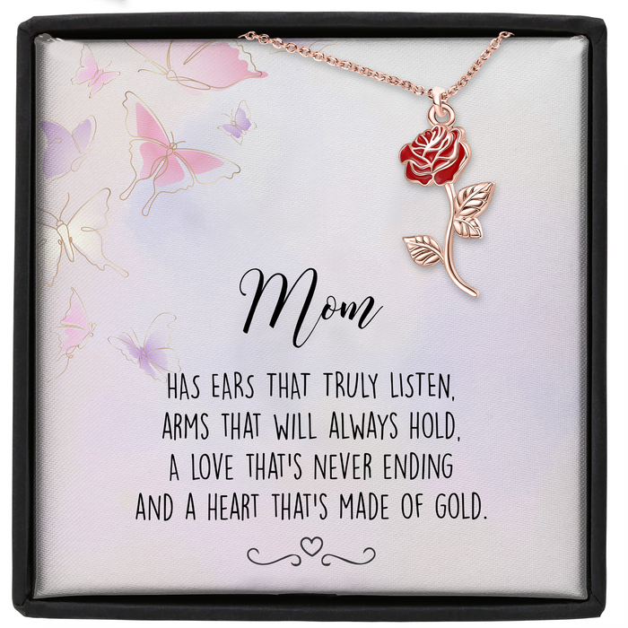 Mom Heart That Is Made Of Gold - Gift For Mother, Grandmother, Mother's Day Gift - S925 Rose Flower Necklace with Message Card