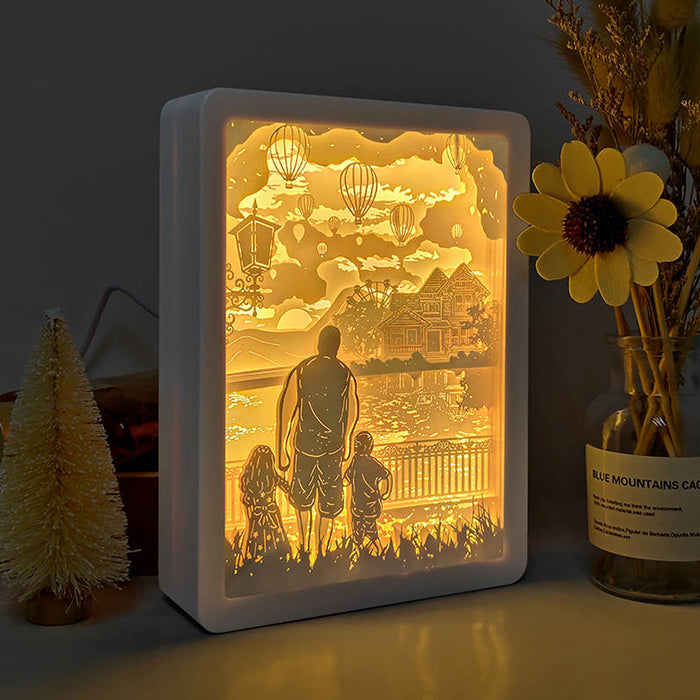 Dad, Son and Daughter 3D Wooden Carving LED Night Light - Gift For Father, Husband, Fathers Day Gift - Wood Carved Home Decor Decoration Living Room Bedroom Office