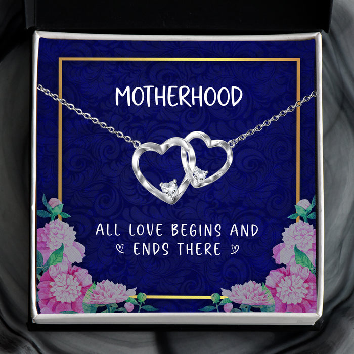 All Love Begins And Ends There - Gift For Mom, Mother's Day Gift - Double Heart Necklace with Message Card