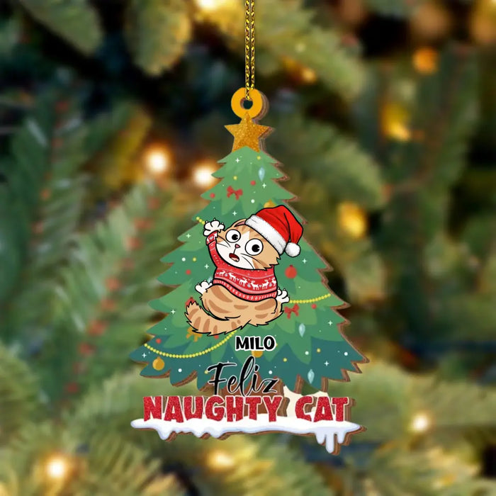 Feliz Naughty Cat - Personalized Shaped Wooden Ornament - Christmas Gift For Cat Lovers