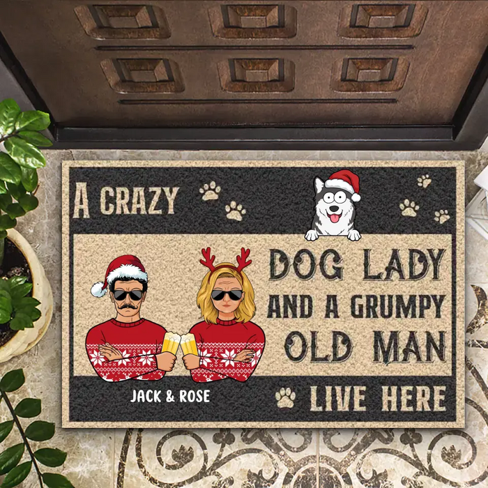 Dog Lady And Grumpy Old Man Live Here - Personalized Doormat - Christmas Gift For Dog Lovers