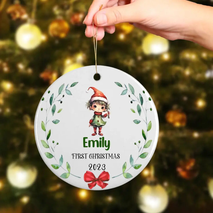 Baby Elf First Christmas - Personalized Round Ornament - Christmas Gift For Kid, Baby