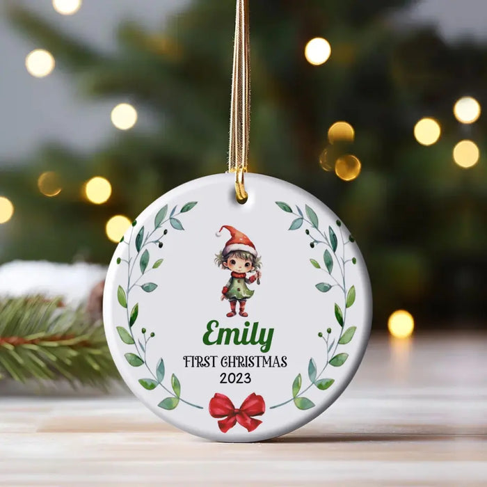 Baby Elf First Christmas - Personalized Round Ornament - Christmas Gift For Kid, Baby