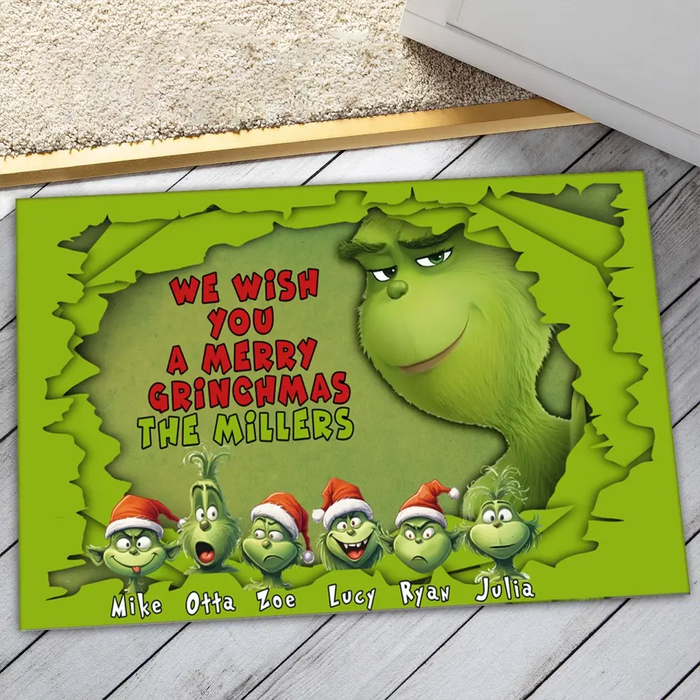 Merry Christmas From Green Monster Family - Personalized Doormat - Christmas Gift For Family