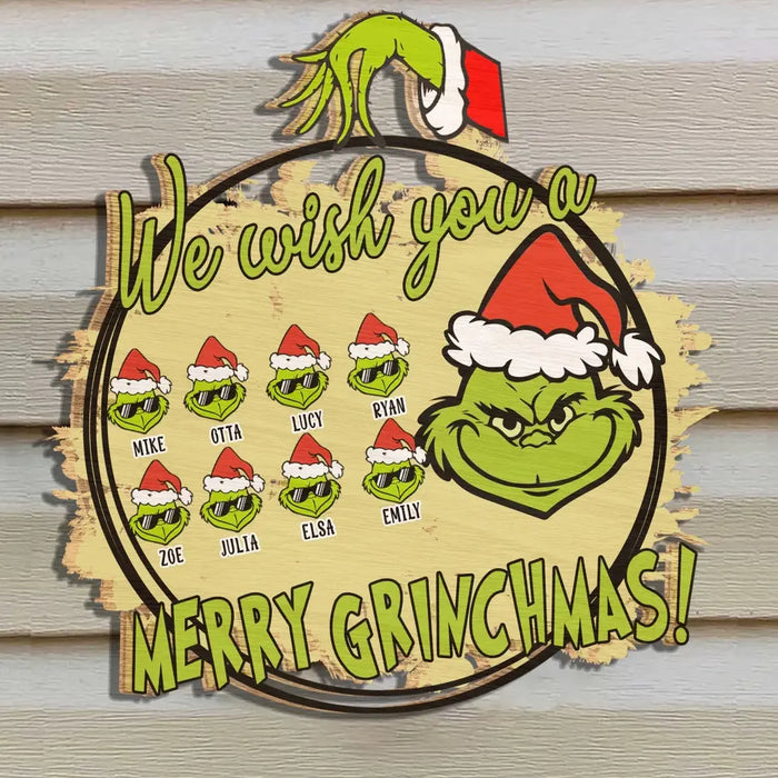 We Wish You A Merry Christmas Green Monster - Personalized Shaped Wooden Sign - Christmas Gift For Family