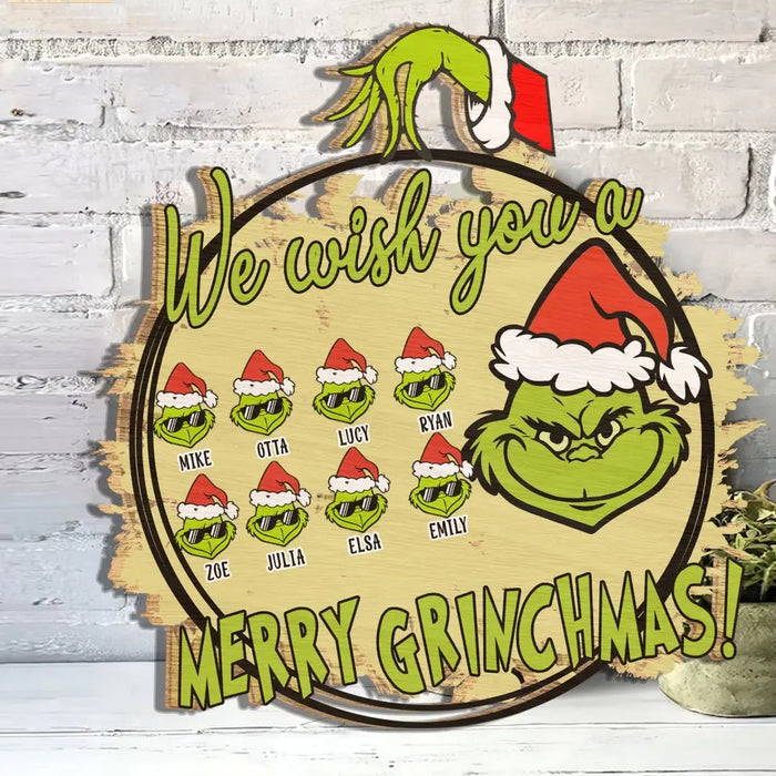 We Wish You A Merry Christmas Green Monster - Personalized Shaped Wooden Sign - Christmas Gift For Family