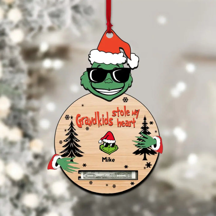 Grandkids Stole My Heart Green Monster - Personalized Wooden Money Holder Ornament - Christmas Gift For Grandma