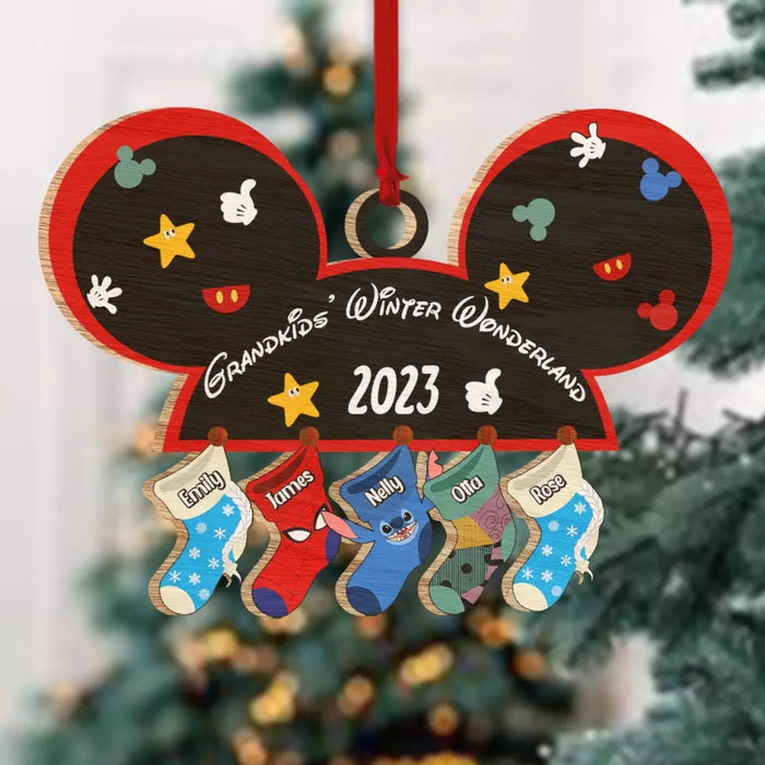 Grandkids’ Winter Wonderland - Personalized Shaped Wooden Ornament - Cartoon Sock Characters - Christmas Gift For Kids, Grandkids