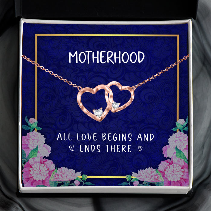 All Love Begins And Ends There - Gift For Mom, Mother's Day Gift - Double Heart Necklace with Message Card
