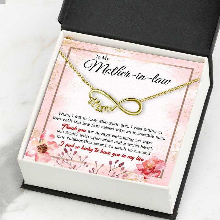 To My Mother-in-law, I Feel So Lucky To Have You In My Life - Gift For Mother-In-Law, Mother's Day Gift - S925 Infinity Mom Necklace with Message Card