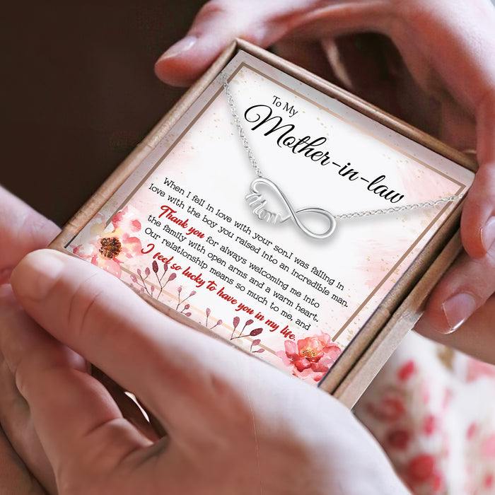 To My Mother-in-law, I Feel So Lucky To Have You In My Life - Gift For Mother-In-Law, Mother's Day Gift - S925 Infinity Mom Necklace with Message Card