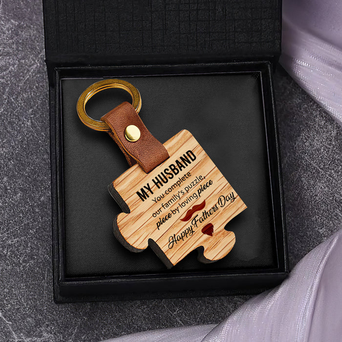 You Complete Our Family's Puzzle, Piece By Loving Piece - Gift For Husband, Father's Day Gift - Wooden Puzzle Keychain