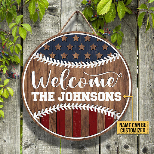 Personalized Baseball Stars & Stripes Welcome Custom Wood Circle Sign