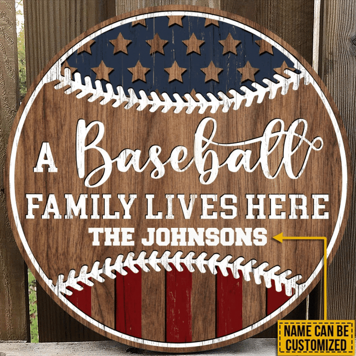 Personalized Baseball Stars & Stripes Family Custom Wood Circle Sign
