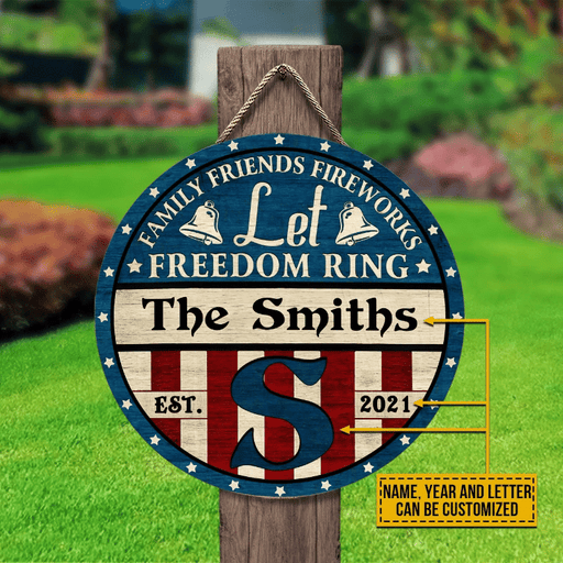 Personalized Stars & Stripes Let Freedom Custom Wood Circle Sign