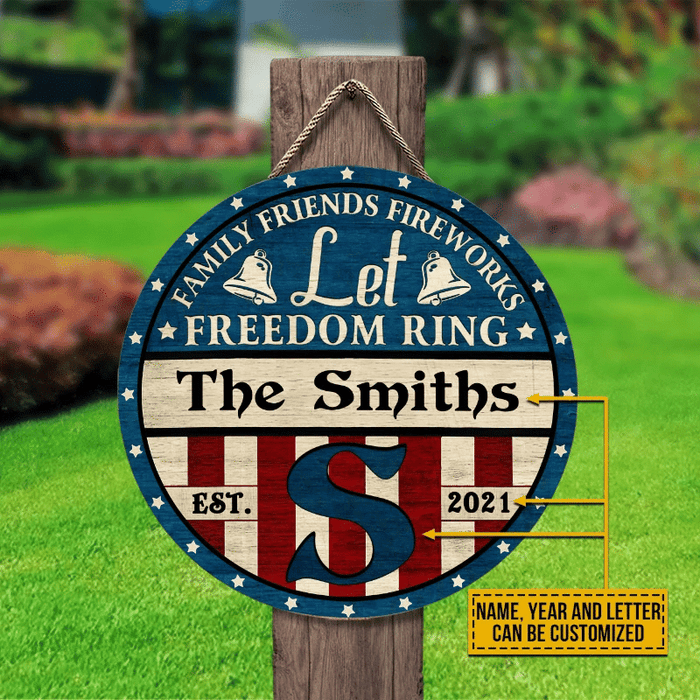Personalized Stars & Stripes Let Freedom Custom Wood Circle Sign