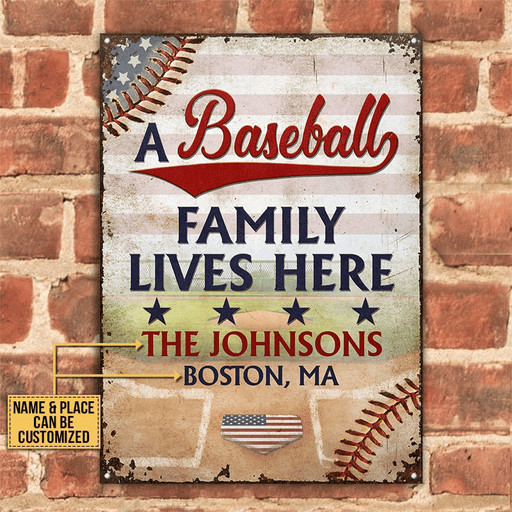 Personalized Stars & Stripes Baseball Family Lives Here Custom Classic Metal Signs