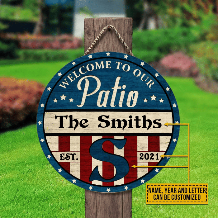 Personalized Stars & Stripes Patio Welcome Custom Wood Circle Sign