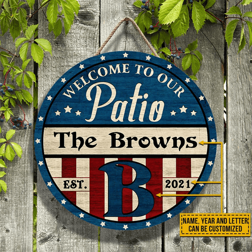 Personalized Stars & Stripes Patio Welcome Custom Wood Circle Sign