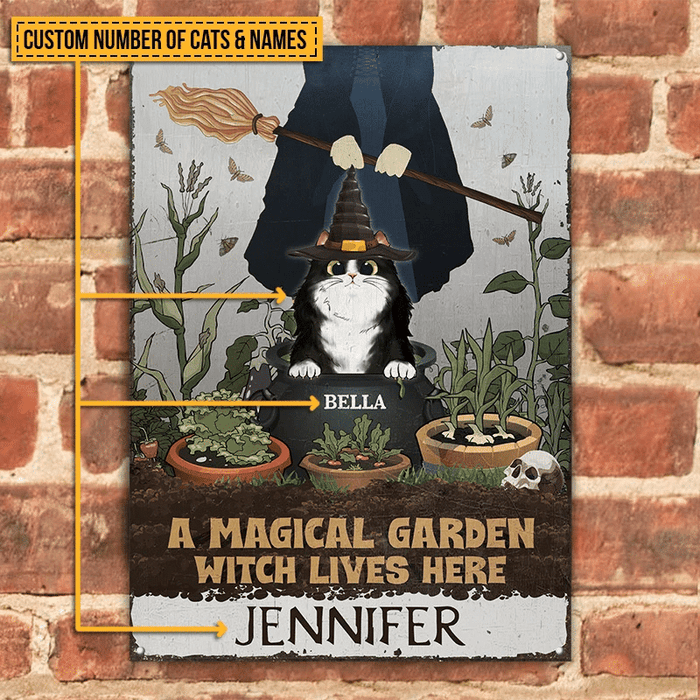 A Magical Garden Witch Lives Here With Black Cat Custom Classic Metal Signs, Personalized Witch Sign, Black Cat Garden Decor