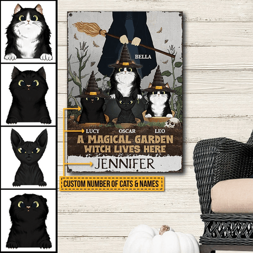 A Magical Garden Witch Lives Here With Black Cat Custom Classic Metal Signs, Personalized Witch Sign, Black Cat Garden Decor