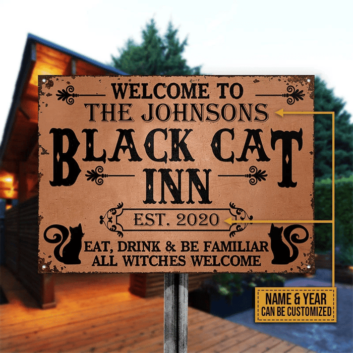 Black Cat Inn Witches Welcome Custom Classic Metal Signs, Cat Lovers Home Decor, Black Cat Sign, Witch Sign