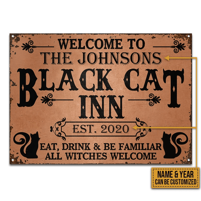 Black Cat Inn Witches Welcome Custom Classic Metal Signs, Cat Lovers Home Decor, Black Cat Sign, Witch Sign