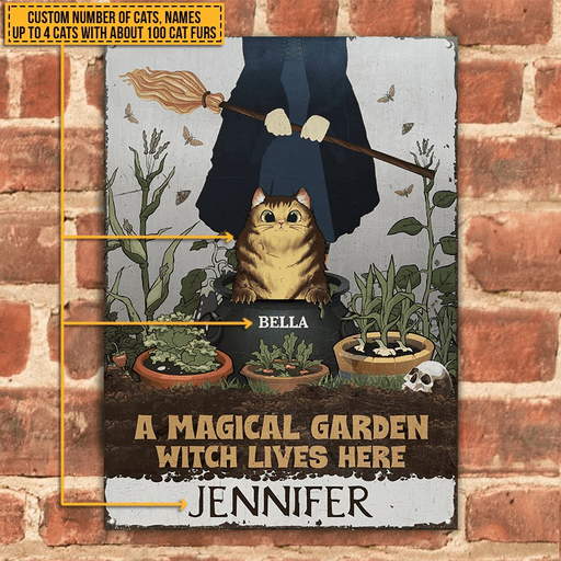 A Magical Garden Witch Lives Here With Cats Custom Classic Metal Signs, Personalized Witch Sign, Cat Garden Decor