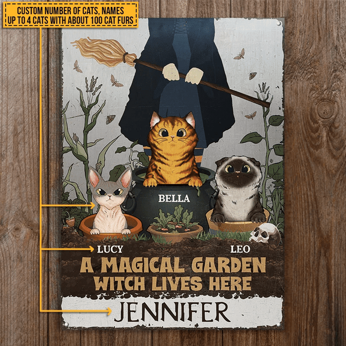 A Magical Garden Witch Lives Here With Cats Custom Classic Metal Signs, Personalized Witch Sign, Cat Garden Decor