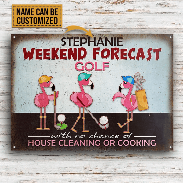 Personalized Golf Flamingo Weekend Forecast Customized Classic Metal Signs
