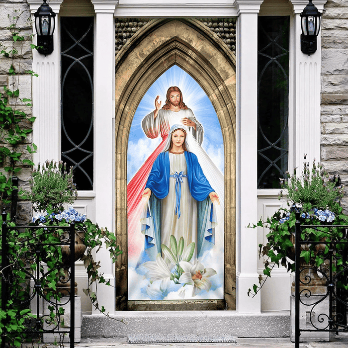 Mother Mary And Jesus Christ Door Cover - Flagwix
