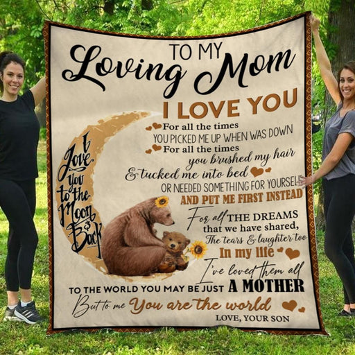 To My Loving Mom I Love You Bears Sunflowers Son To Mom Gift - Fleece Blanket