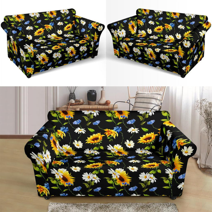Sunflower Chamomile Bright Color Print Loveseat Couch Slipcover