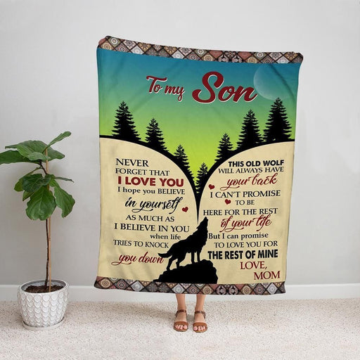Wolf mom to my son this old wolf will always have your back fleece blanket/ sherpa blanket