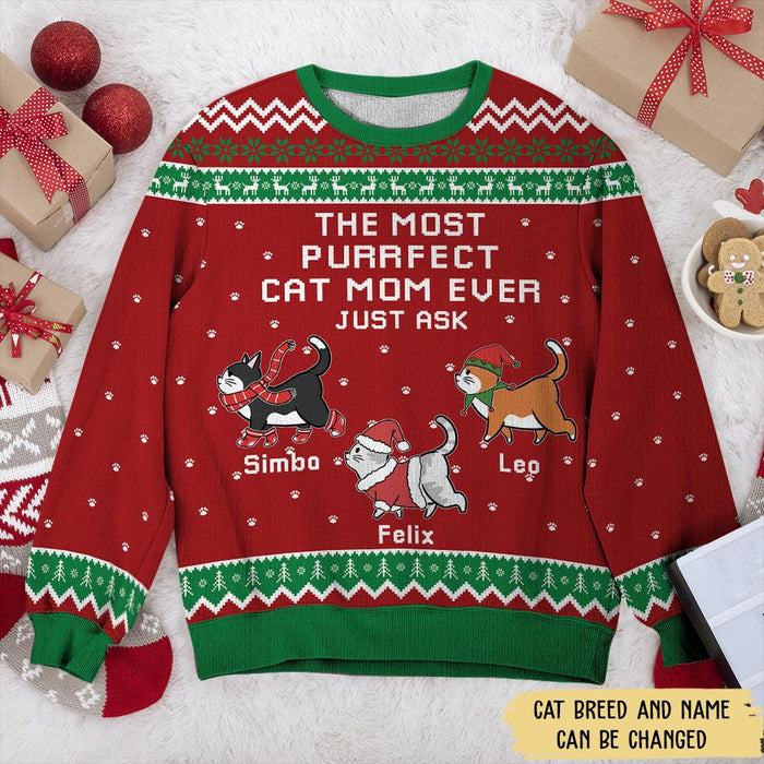 The Most Purrfect Triple Cats Mom Ever Personalized Ugly Sweaters Sweatshirt Christmas Gift Ideas
