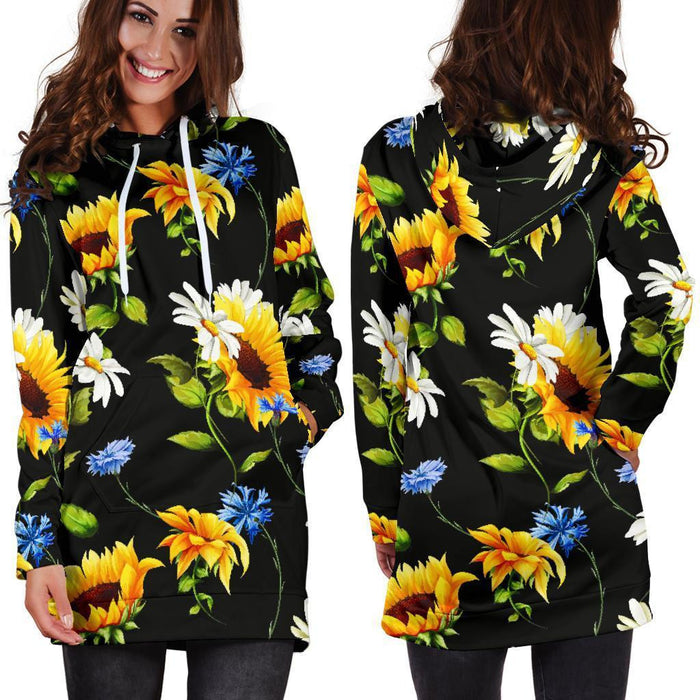 Women Sunflower Chamomile Pattern Pullover Hoodie Dress