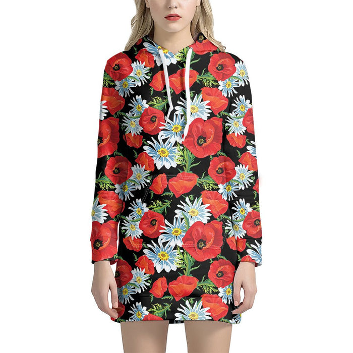 Women Poppy And Chamomile Pattern Pullover Hoodie Dress