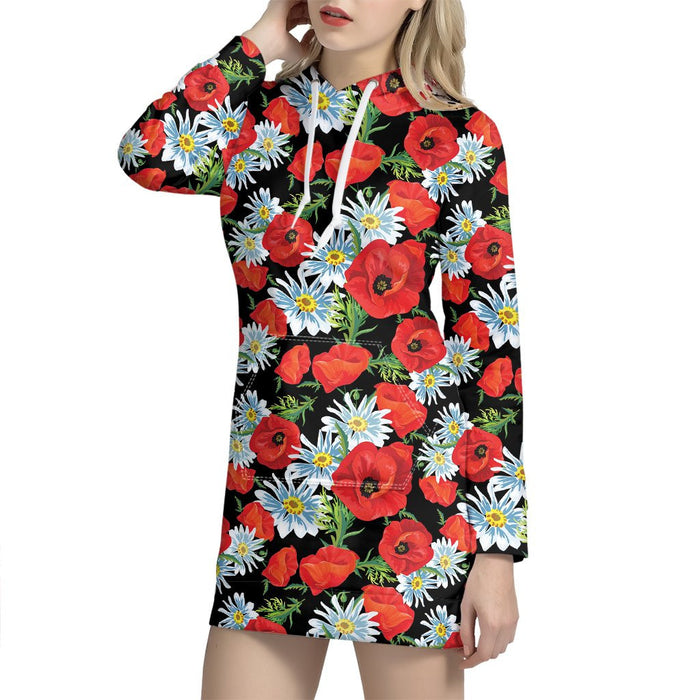 Women Poppy And Chamomile Pattern Pullover Hoodie Dress