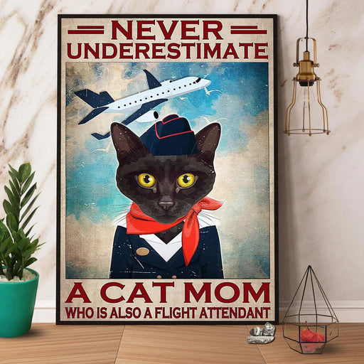 A flight attendant never underestimate a cat mom plane blue sky paper poster no frame/ wrapped canvas wall decor full size